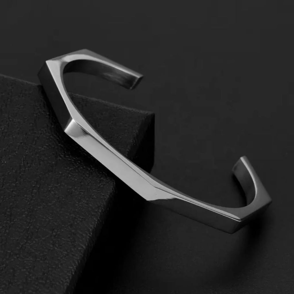 Luxury Hexagon Geometric Stainless Steel Open Cuff Bracelet for Men