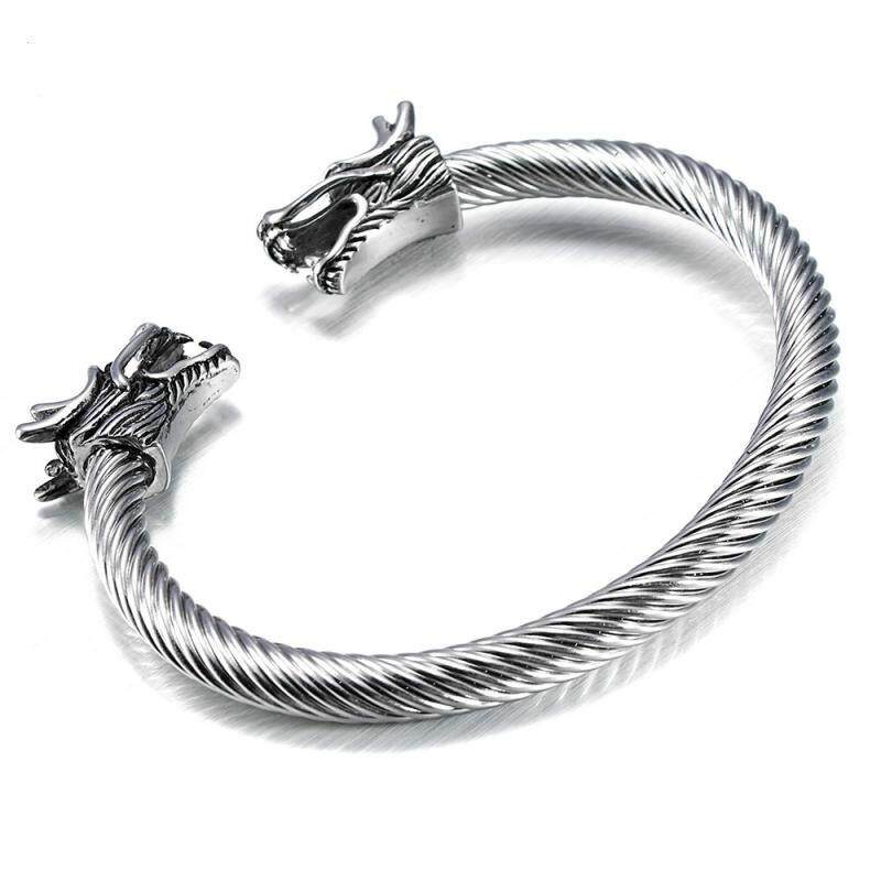 Premium Antique Silver Dragon Bracelet for Men - Stainless Steel Twisted Bangle - Mythic Dragon Head Wristband