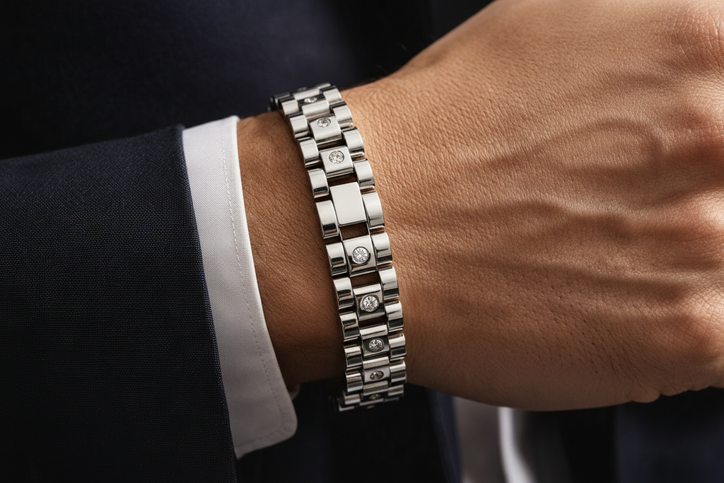 Luxury Silver Stainless Steel Link Bracelet with Crystal Stones for Men