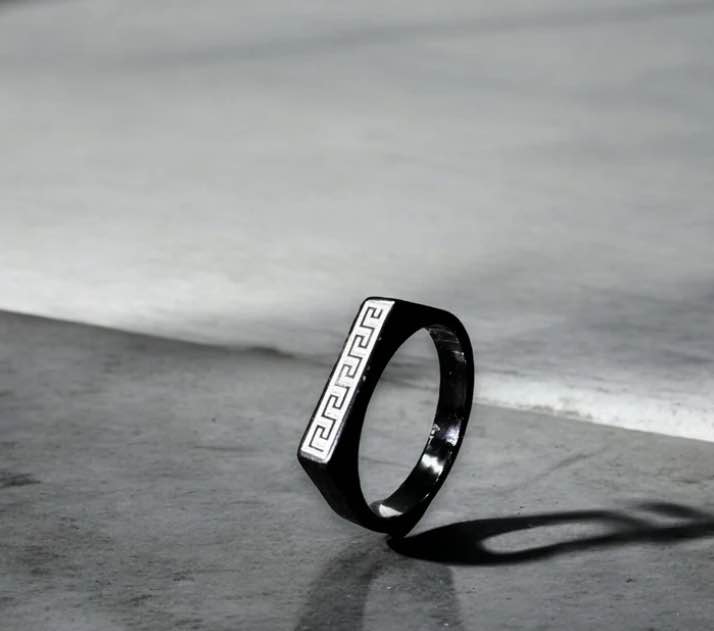Men Black Stainless Steel Greek Pattern Ring – Premium Luxury Fashion Ring for Men | Durable & Stylish Band