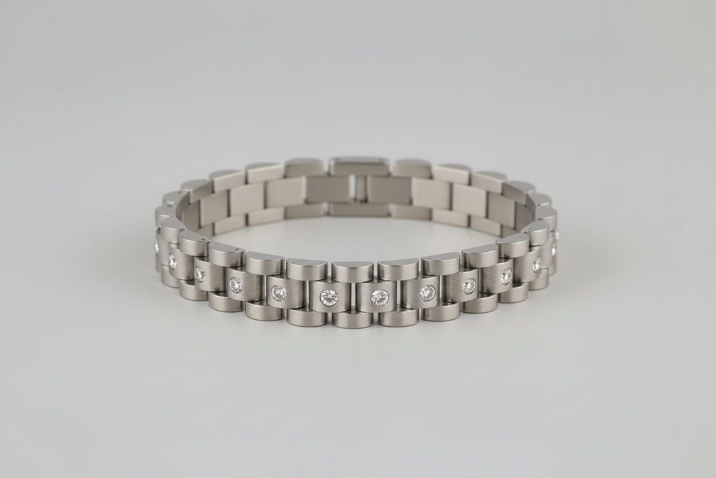 Luxury Silver Stainless Steel Link Bracelet with Crystal Stones for Men