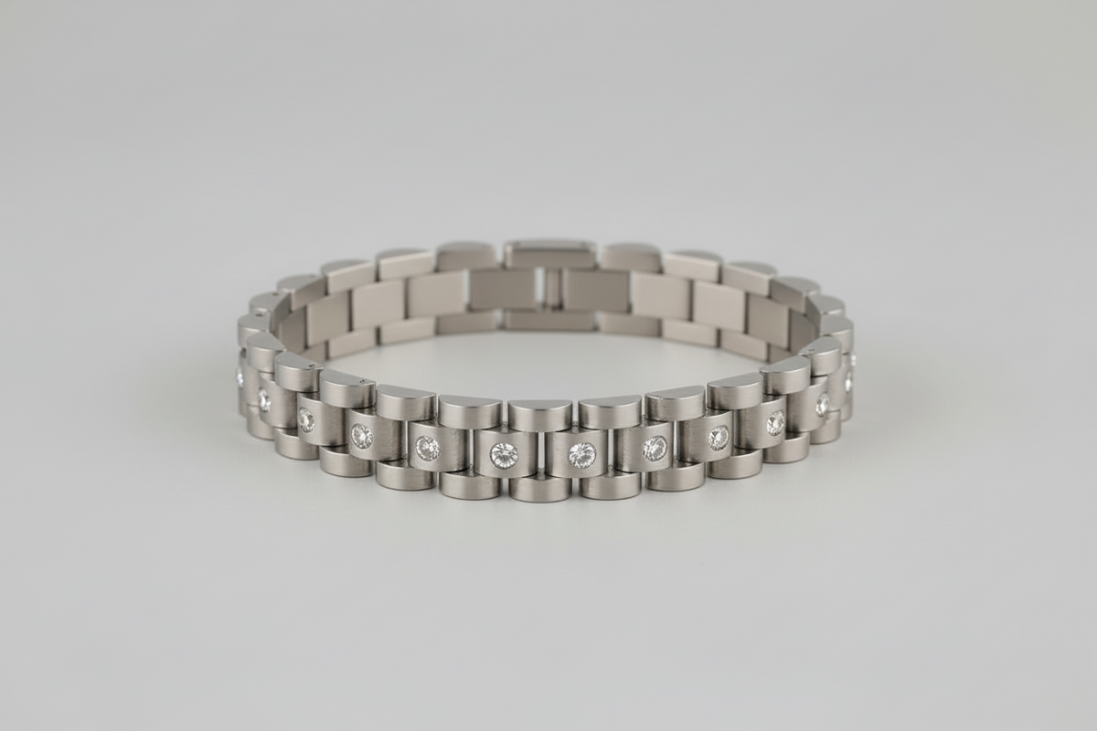 Luxury Silver Stainless Steel Link Bracelet with Crystal Stones for Men